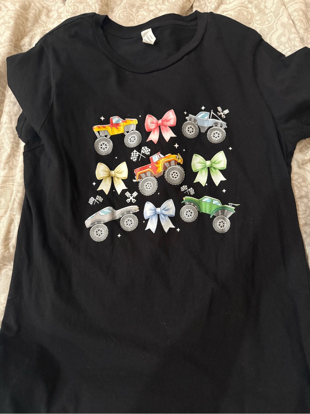 SHEIN Black Tee with Colorful Monster Truck and Bow Print